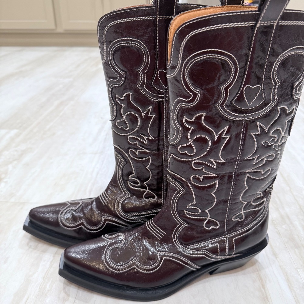 Ganni Dark Olive Egret Embroidered Western Boots Heart Stitching Size 40